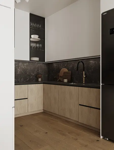 Kuchnia w stylu industrialnym i japandi z drewnianymi meblami i czarnym blatem.