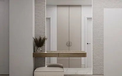 Przedpokój w stylu minimaluxe z beżowymi meblami i dodatkami w soft minimalizm.