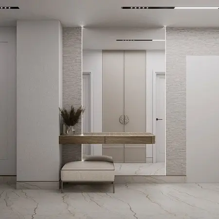 Przedpokój w stylu minimaluxe z beżowymi meblami i dodatkami w soft minimalizm.