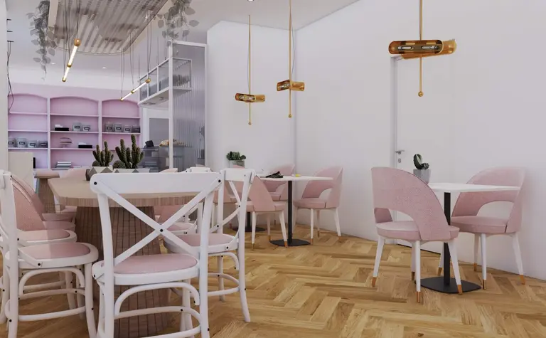 Wnętrze jadalni z różowymi krzesłami i drewnianym stołem, styl dopamine decor.
