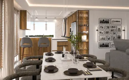 Wnętrze jadalni z eklektycznym stylem, nowoczesny stół i designerskie krzesła.