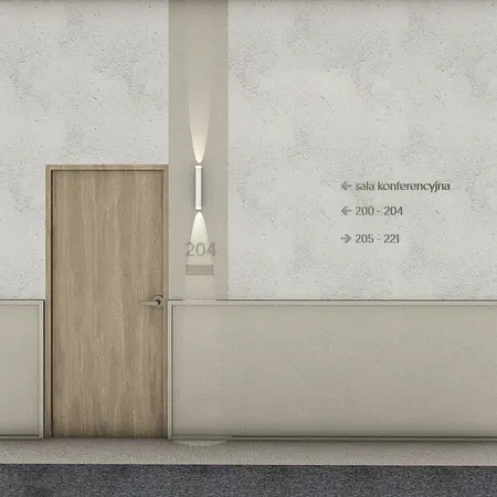 Korytarz z minimalistycznym oświetleniem i drewnianymi akcentami w stylu industrialnym.