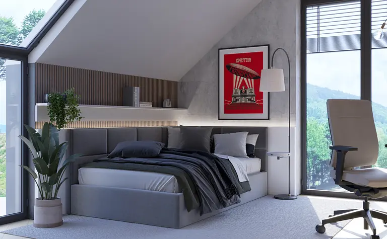 Wnętrze poddasza z szarym łóżkiem, minimalistycznym stylem i naturalnymi akcentami.