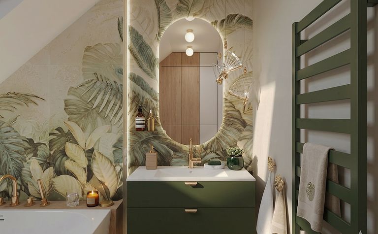 Nowoczesna łazienka z zielonymi meblami i roślinnym muralem.