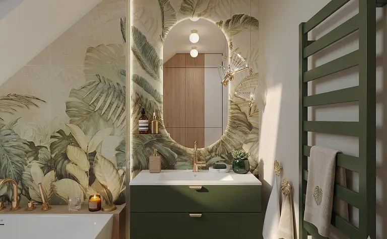 Nowoczesna łazienka z zielonymi meblami i roślinnym muralem.