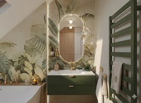 Nowoczesna łazienka z zielonymi meblami i roślinnym muralem.