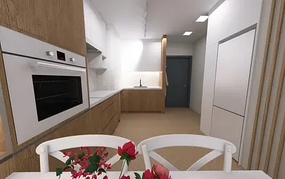 Kuchnia w stylu minimalistycznym z drewnianymi meblami i białymi detalami.