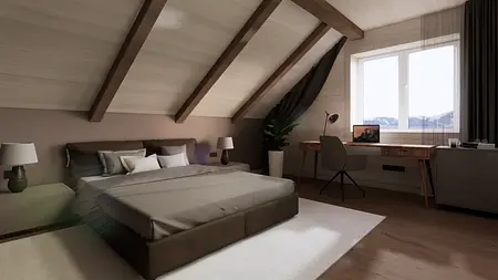 Sypialnia z drewnianym łóżkiem, biurkiem i oknem, styl nowoczesny.