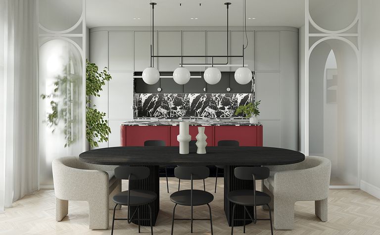 Wnętrze jadalni z czarnym stołem, czerwonymi meblami i roślinami, styl dopamine decor, eklektyczny, glamour, współczesny