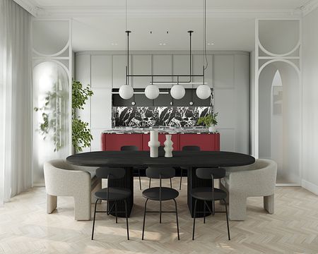 Wnętrze jadalni z czarnym stołem, czerwonymi meblami i roślinami, styl dopamine decor, eklektyczny, glamour, współczesny