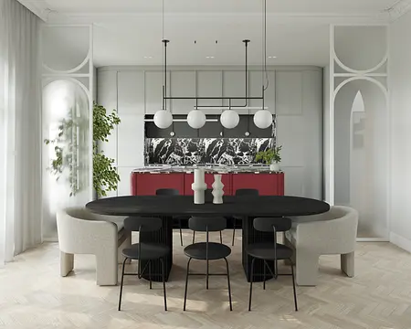 Wnętrze jadalni z czarnym stołem, czerwonymi meblami i roślinami, styl dopamine decor, eklektyczny, glamour, współczesny