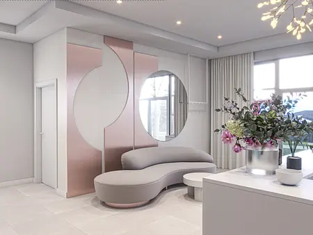 Nowoczesne wnętrze z minimalistycznym designem, szare meble, różowe akcenty i roślinność.