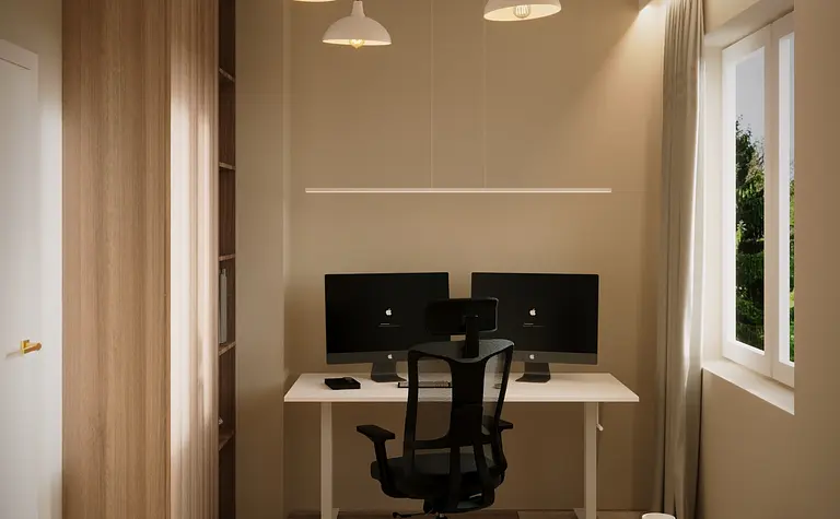 Wnętrze gabinetu w stylu boho i eklektycznym z biurkiem i lampami.