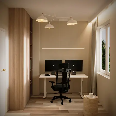 Wnętrze gabinetu w stylu boho i eklektycznym z biurkiem i lampami.