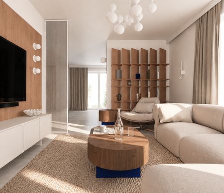 Wnętrze salonu w nowoczesnym stylu z miękkim minimalizmem, jasnymi meblami i drewnianymi detalami.