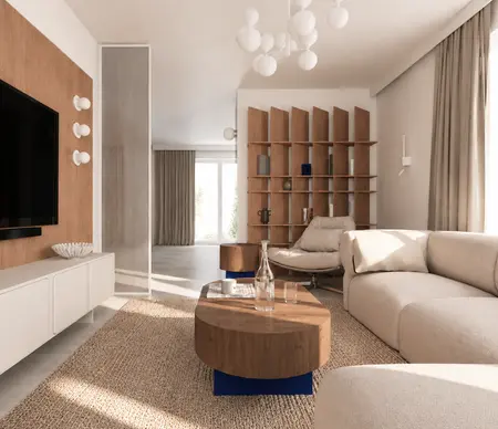 Wnętrze salonu w nowoczesnym stylu z miękkim minimalizmem, jasnymi meblami i drewnianymi detalami.