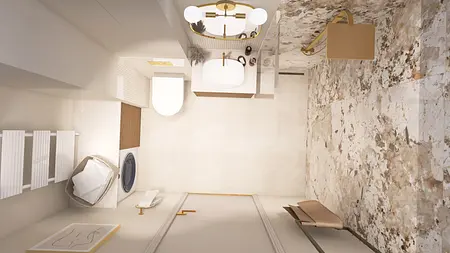 Wnętrze łazienki z białą umywalką i nowoczesnymi detalami w stylu vintage i współczesnym.