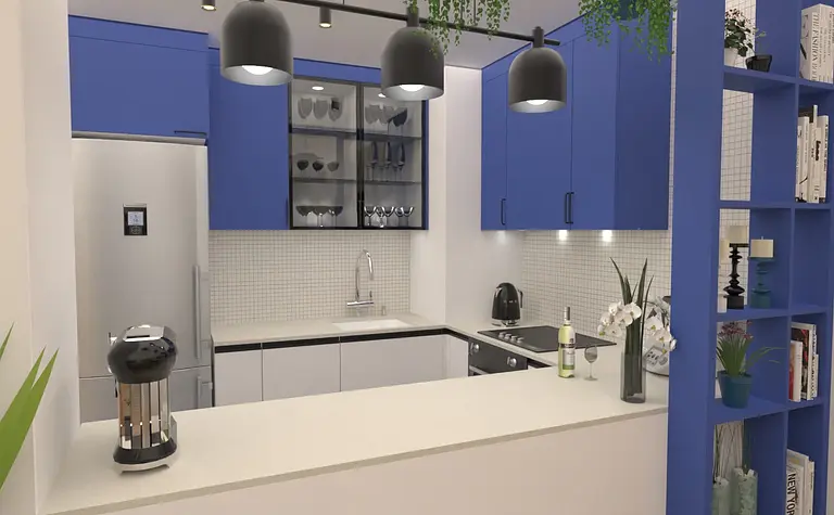 Kuchnia z niebieskimi meblami, białym blatem i akcentami w stylu dopamine decor, soft minimalizm, tradycyjny.