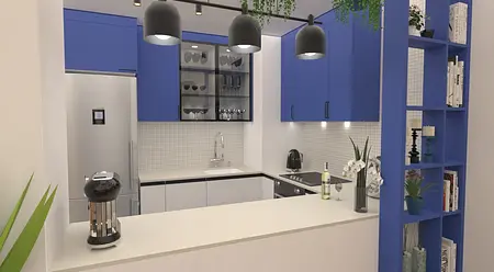 Kuchnia z niebieskimi meblami, białym blatem i akcentami w stylu dopamine decor, soft minimalizm, tradycyjny.