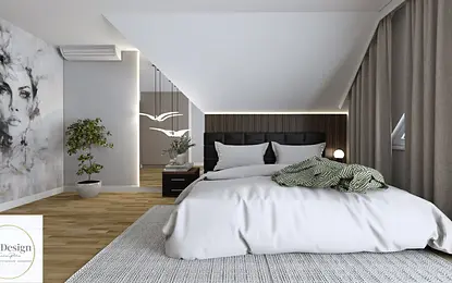 Sypialnia z minimalistycznym wystrojem, białym łóżkiem i szarymi zasłonami, roślina w doniczce.