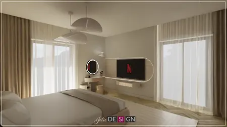 Wnętrze sypialni w stylu boho i eklektycznym z dużym łóżkiem i telewizorem