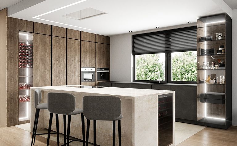 Nowoczesna kuchnia z drewnianymi akcentami, marmurowym blatem, minimalistycznym designem i soft minimalizmem.