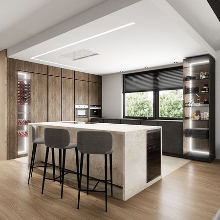 Nowoczesna kuchnia z drewnianymi akcentami, marmurowym blatem, minimalistycznym designem i soft minimalizmem.