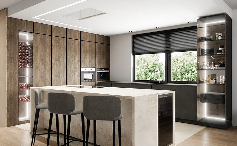Nowoczesna kuchnia z drewnianymi akcentami, marmurowym blatem, minimalistycznym designem i soft minimalizmem.