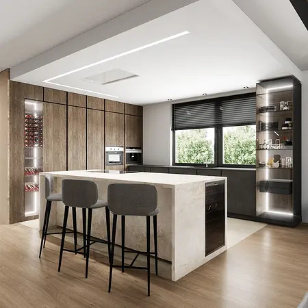 Nowoczesna kuchnia z drewnianymi akcentami, marmurowym blatem, minimalistycznym designem i soft minimalizmem.