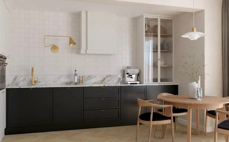 Wnętrze kuchni w stylu art deco, minimalistycznym i tradycyjnym z czarnymi meblami.