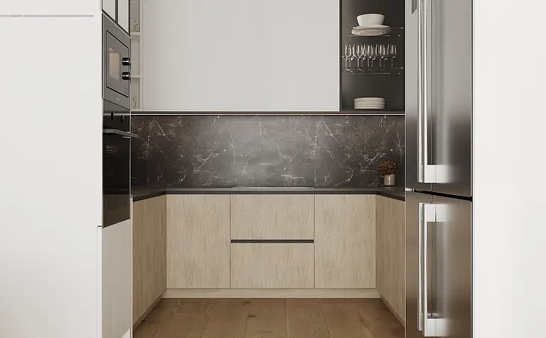 Kuchnia w stylu industrialnym, japandi i minimalistycznym z białymi meblami.