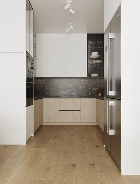 Kuchnia w stylu industrialnym, japandi i minimalistycznym z białymi meblami.