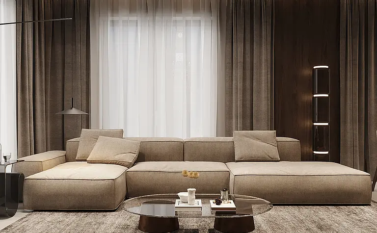 Wnętrze salonu z beżową sofą, szklanym stolikiem i drewnianymi detalami w stylu minimalistycznym.