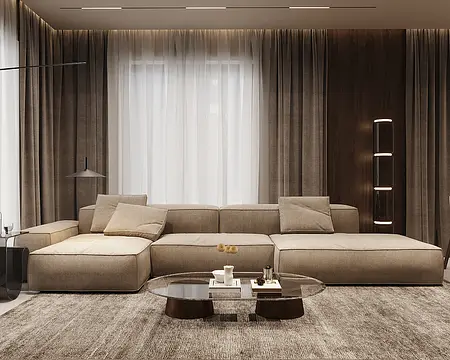 Wnętrze salonu z beżową sofą, szklanym stolikiem i drewnianymi detalami w stylu minimalistycznym.