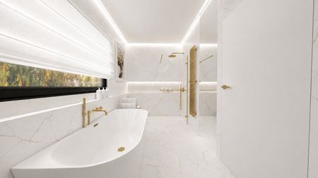 Nowoczesna łazienka w stylu glamour z białymi elementami i złotym wykończeniem.