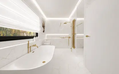 Nowoczesna łazienka w stylu glamour z białymi elementami i złotym wykończeniem.