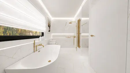 Nowoczesna łazienka w stylu glamour z białymi elementami i złotym wykończeniem.