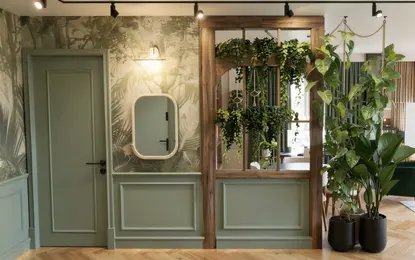 Wnętrze z zieloną ścianą, drewnianymi elementami, roślinami, styl art deco, rustykalny