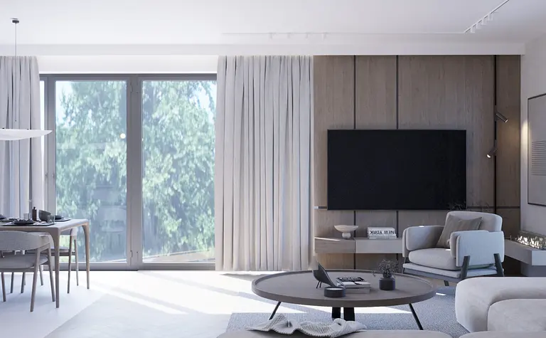 Nowoczesne wnętrze salonu z minimalistycznym wystrojem, jasnymi zasłonami i dużymi oknami.