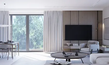 Nowoczesne wnętrze salonu z minimalistycznym wystrojem, jasnymi zasłonami i dużymi oknami.
