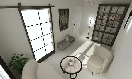 Współczesny salon z dużymi oknami, jasnymi meblami i rośliną