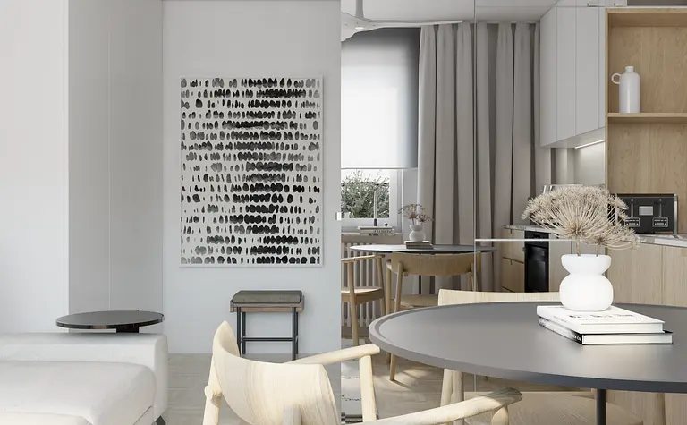 Minimalistyczne wnętrze z jasnymi meblami i akcentami soft minimalizmu.