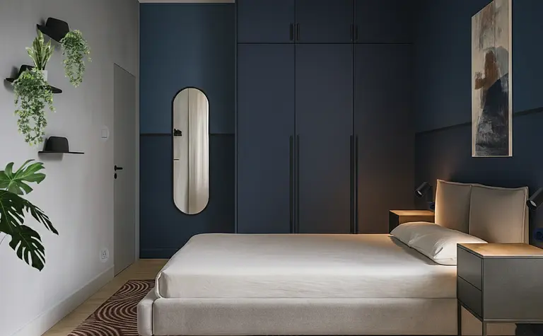 Wnętrze sypialni w stylu dopamine decor, minimalistycznym i współczesnym, z niebieskimi ścianami.