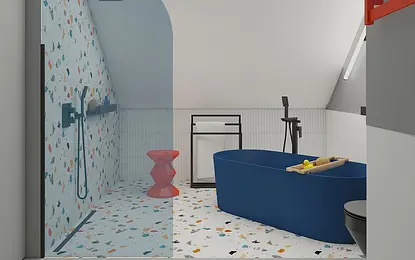 Wnętrze łazienki z niebieską wanną i kolorową podłogą, dopamine decor, minimalistyczny, minimaluxe, nowoczesny, współczesny