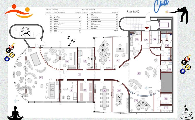 Plan wnętrza biura z eklektycznym i nowoczesnym designem, różnorodne strefy.
