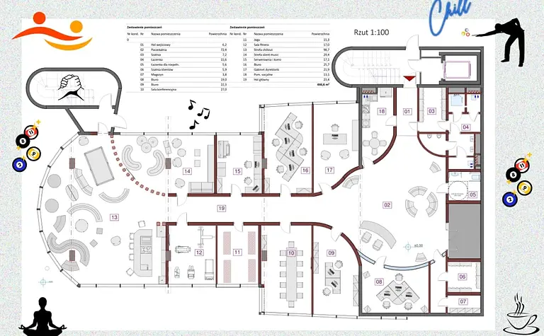 Plan wnętrza biura z eklektycznym i nowoczesnym designem, różnorodne strefy.