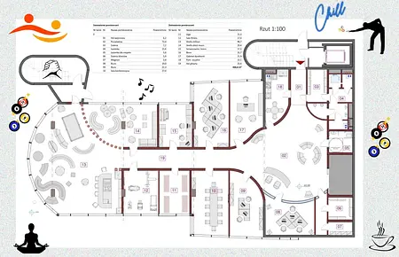 Plan wnętrza biura z eklektycznym i nowoczesnym designem, różnorodne strefy.
