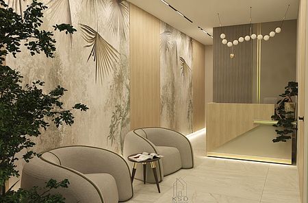 Przedpokój z beżowymi meblami, drewnianymi ścianami i roślinnością. Styl minimaluxe.