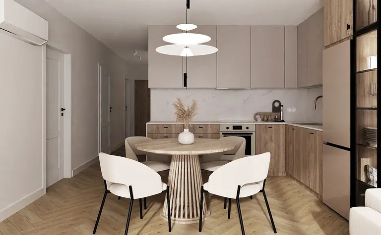 Wnętrze kuchni w stylu minimalistycznym z beżowymi meblami i drewnianym stołem
