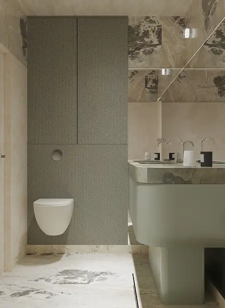 Wnętrze łazienki z eklektycznym i minimalistycznym designem, szarymi i białymi detalami.